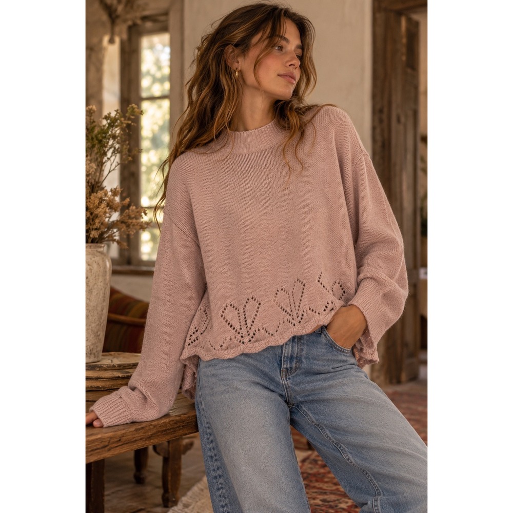 Vintage Grandmacore Sweater Dusty Pink Heart Pointelle Scalloped Hem Coquette M